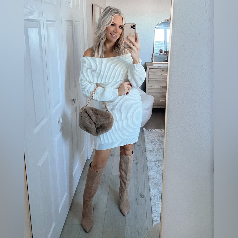 White off the shoulder sweater dress